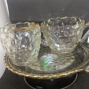 Elegant Glass Creamer and Sugar Set with Gold Trim 1930 S Jeanette Cube Style